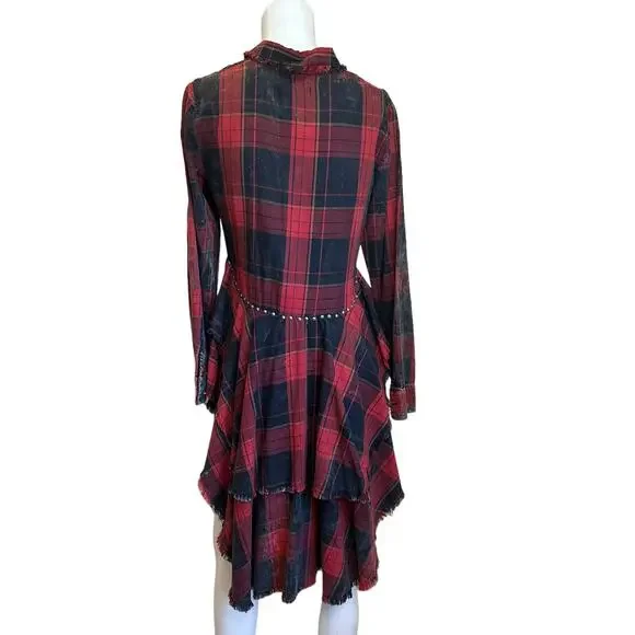 Zara Studded Distressed Circus Red Black Tartan Plaid Shirt Punk sz S NWT - Picture 8 of 13